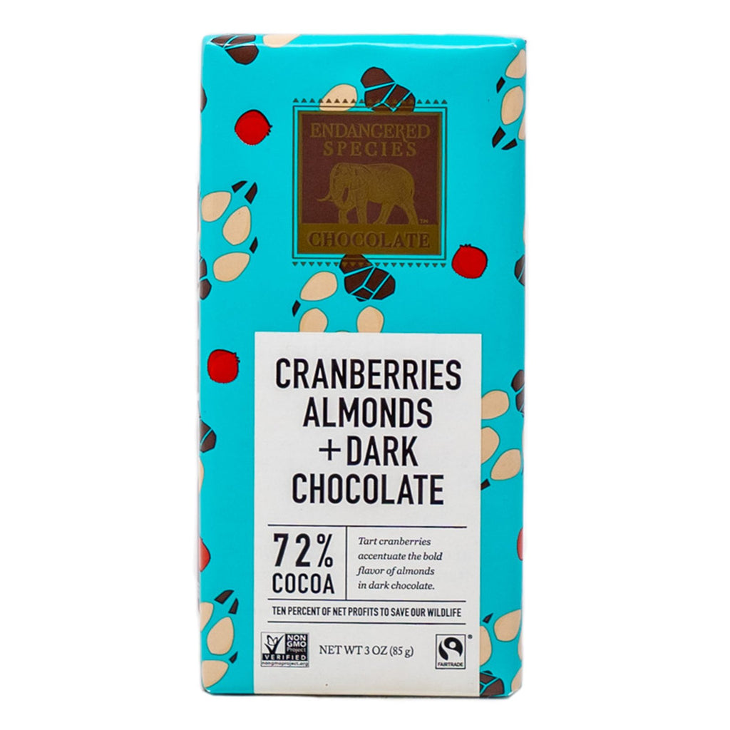 Endangered Species Chocoate Dark 72% Cocoa Cranberries Almonds Vegan 3 oz